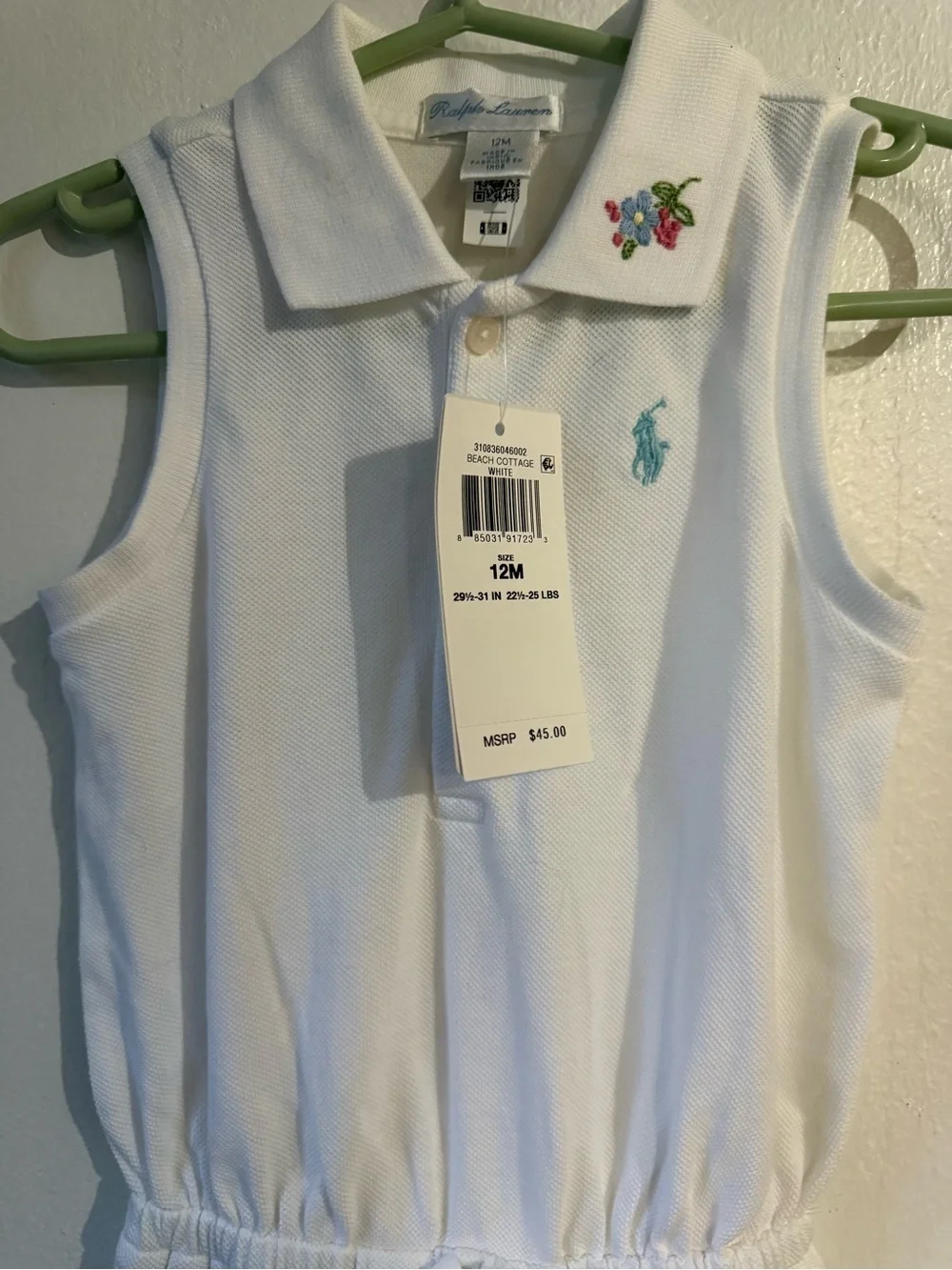 Ralph Lauren White Sleeveless Polo Romper with Multicolor Floral Embroidery